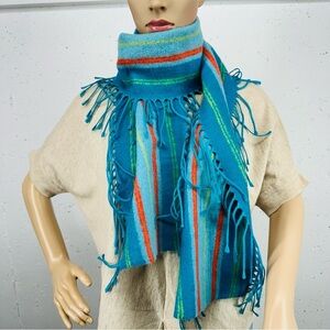 Victoire Mathieu Paris Turquoise Blue Fringe Wool Blend Scarf 8 x 64 inches